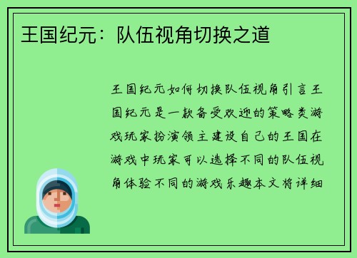 王国纪元：队伍视角切换之道